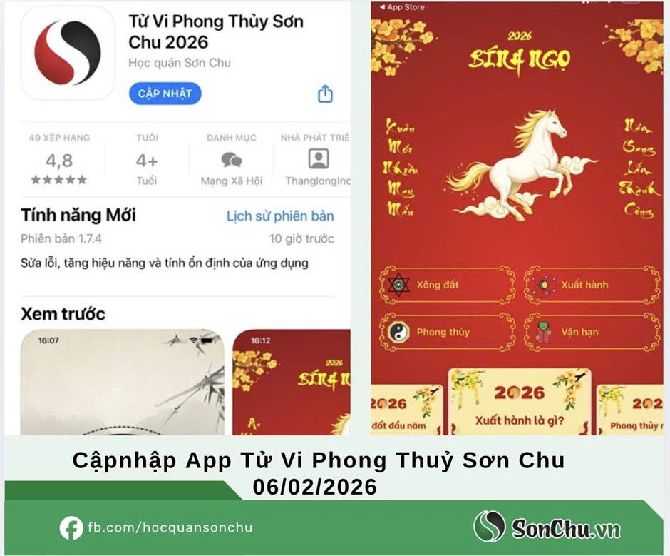 THÔNG BÁO CẬP NHẬT ỨNG DỤNG TỬ VI PHONG THUỶ SƠN CHU